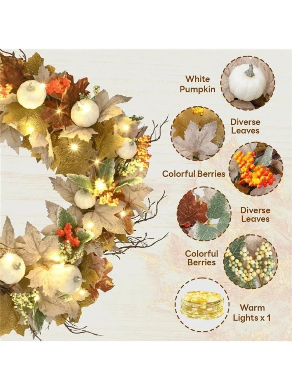 Lighted Fall Garland with Maple Leaves White Pumpkins Berry 6FT